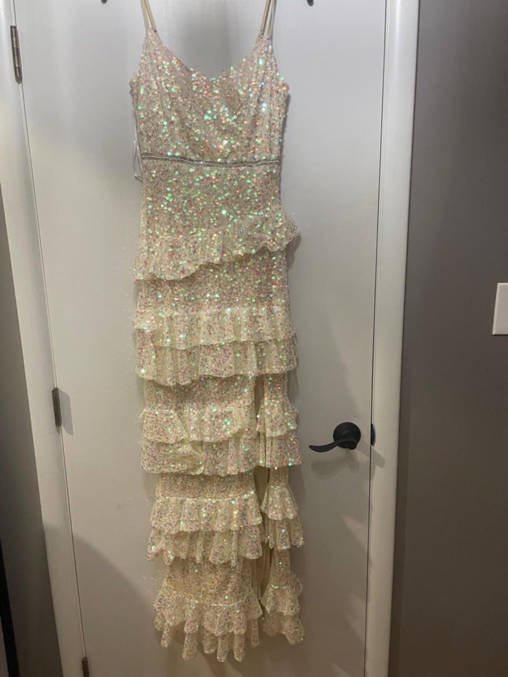 Sequin Tiered Ruffle Evening Gown - Iridescent Champagne